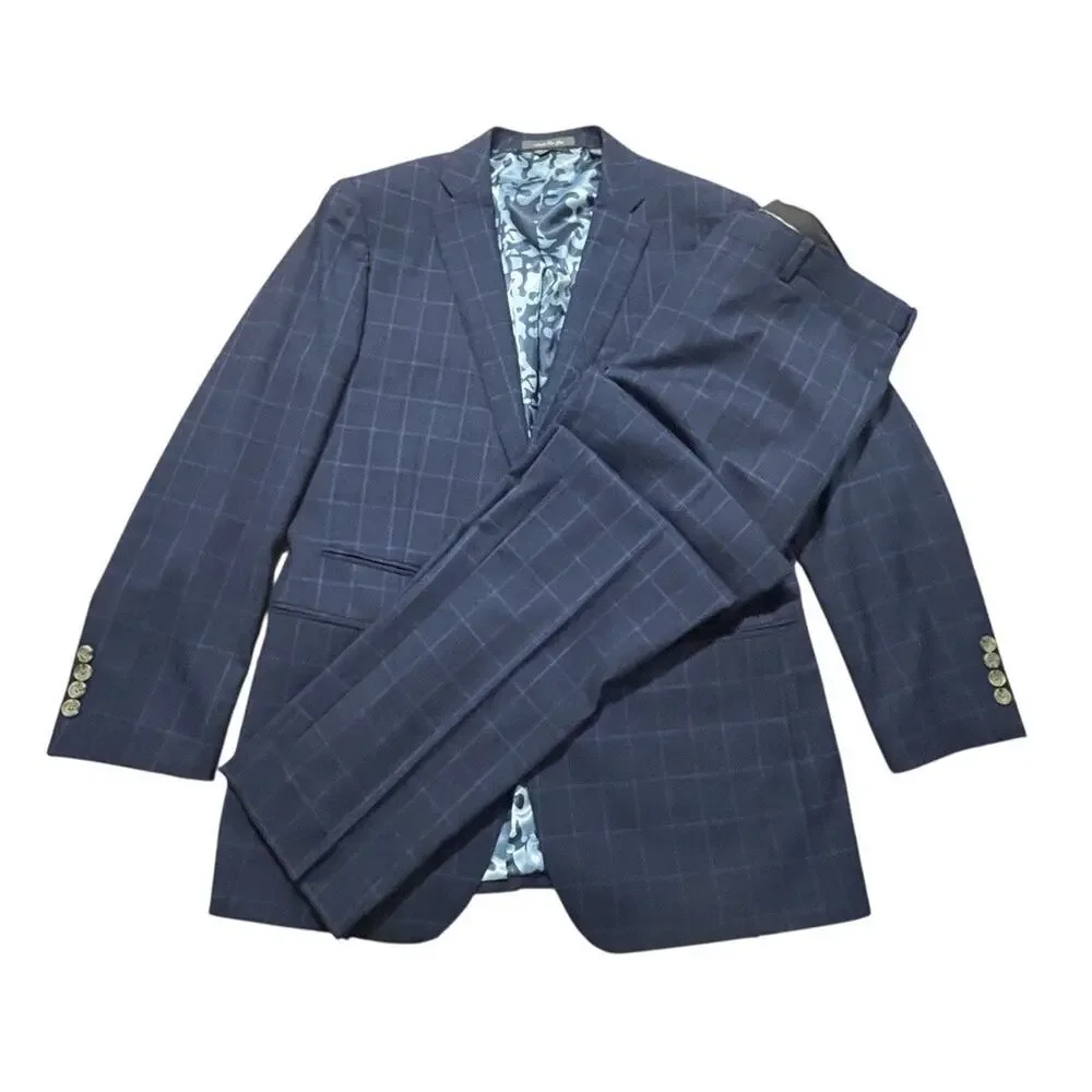 Indochino 2pc Suits Mens Size 44 R Navy Windowpane Camo Lined Jacket Pants 36x31